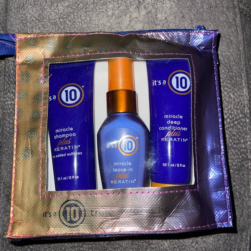 It’s a 10 travel size shampoo, conditioner and leave in spray